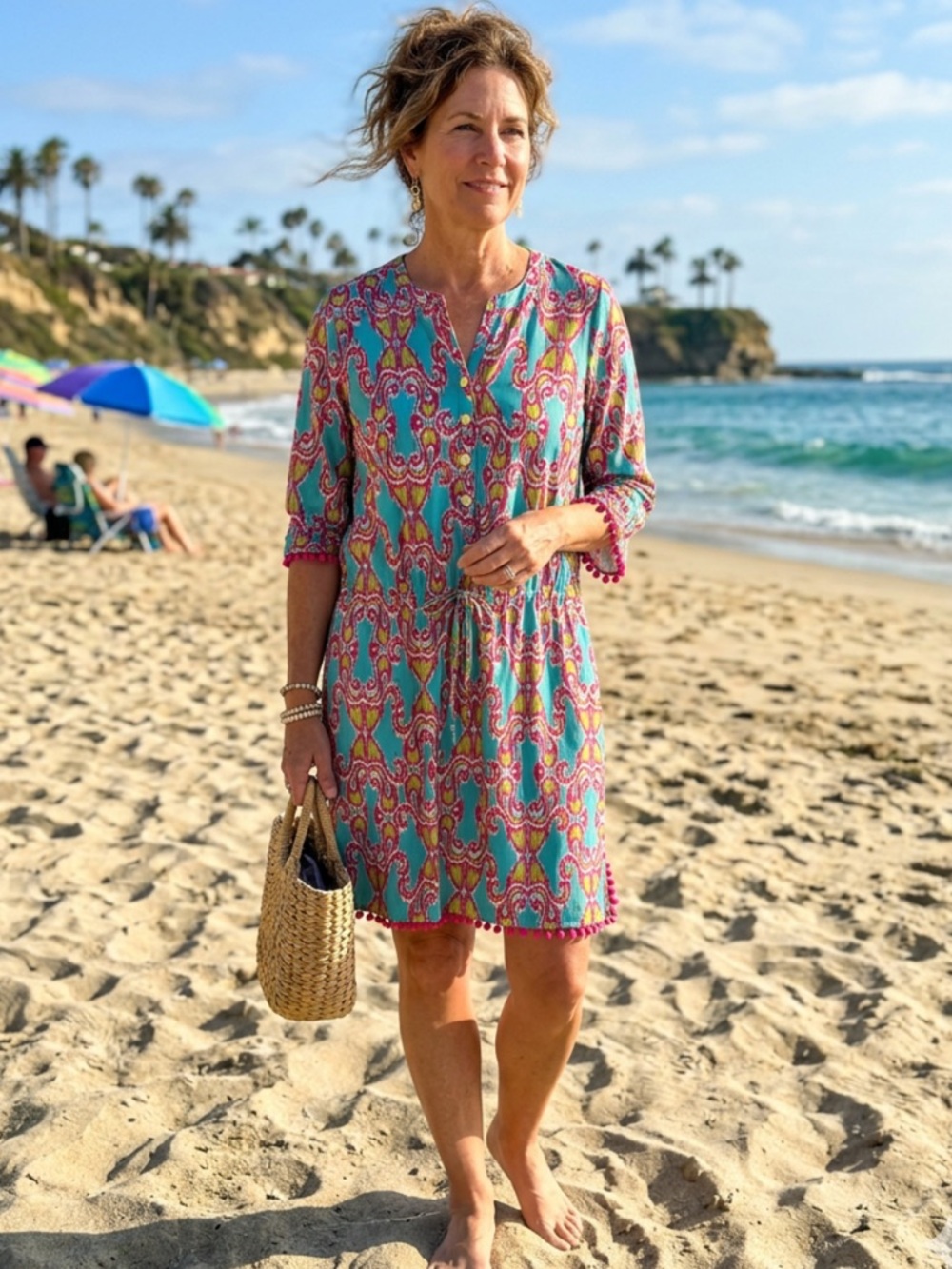 Tracy Negoshian Colorful Ikat Pom Pom Hem Beach Dress Size XS Resort Coastal